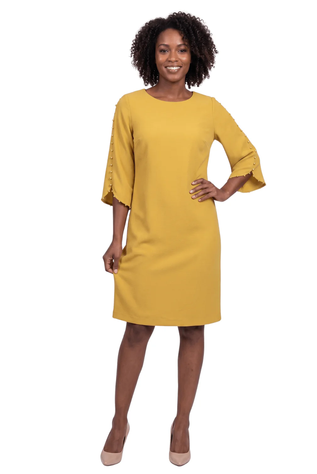 Pearl Trim Bell Sleeve Sheath Dress by Divine Apparel - Image 4