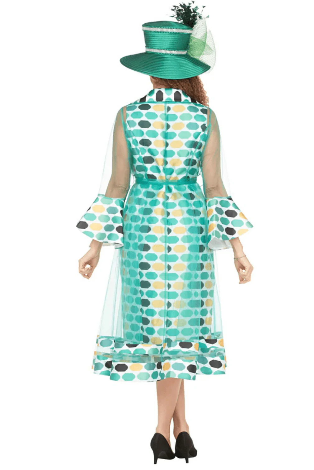 Dot Print 2pc Bell Sleeve Sheer Jkt Dress Set-Plus - Image 3