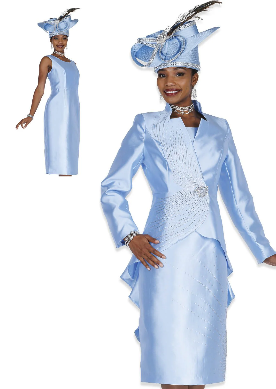 Elegant 2-Piece Rhinestone Shantung Dress Suit – Asymmetrical Jacket & Sheath Dress - 6259