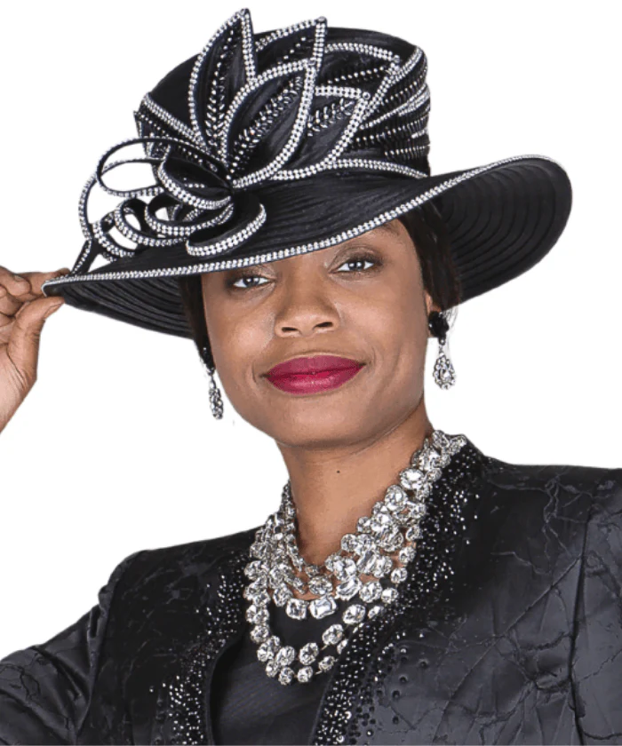 Elegant Black Church Hat with Wide Brim and Embellishments for Women H6307