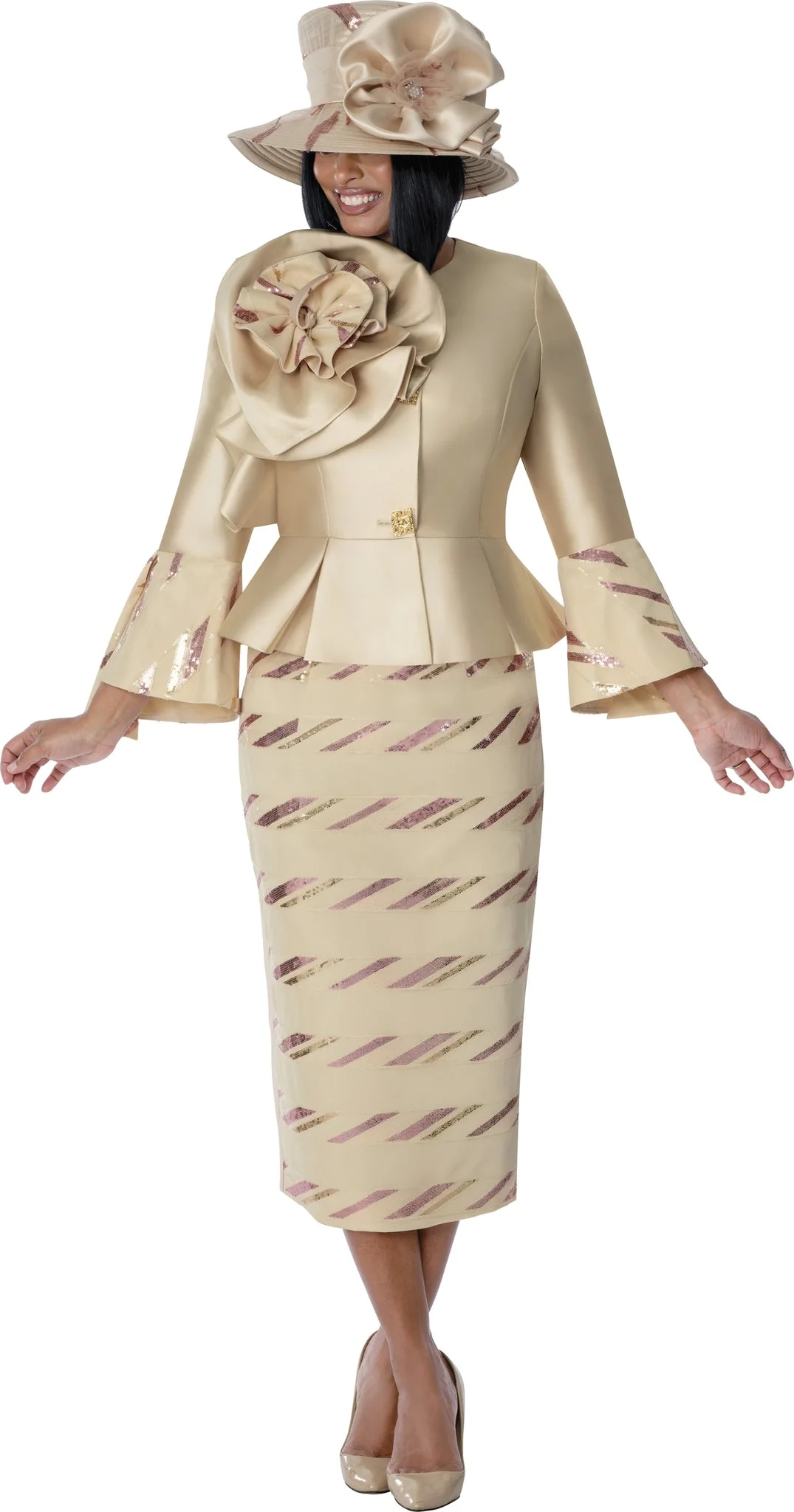 Elegant Champagne &amp; Rose Gold Peplum Skirt Suit G401732