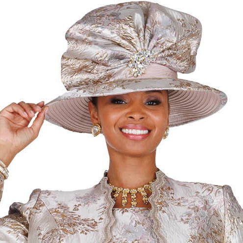 Elegant Champagne Brocade Church Hat with Beaded Floral Accent