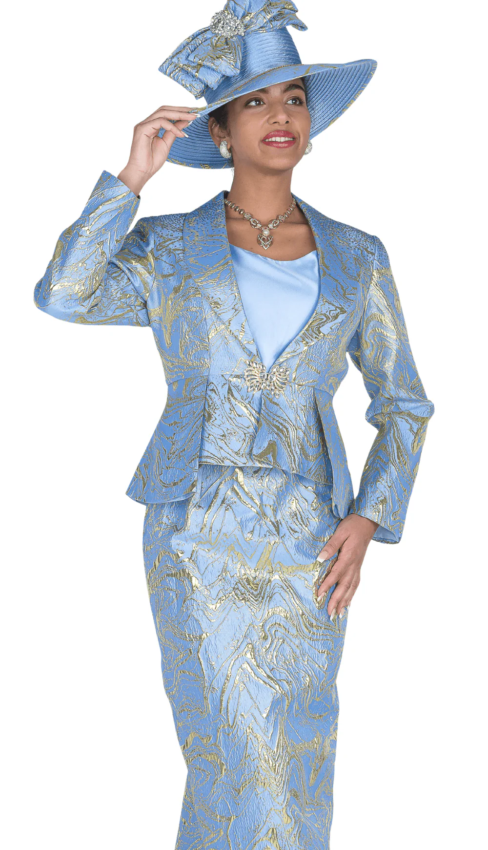 Elegant Champagne Italy 6103 Metallic Pattern Three-Piece Skirt Suit