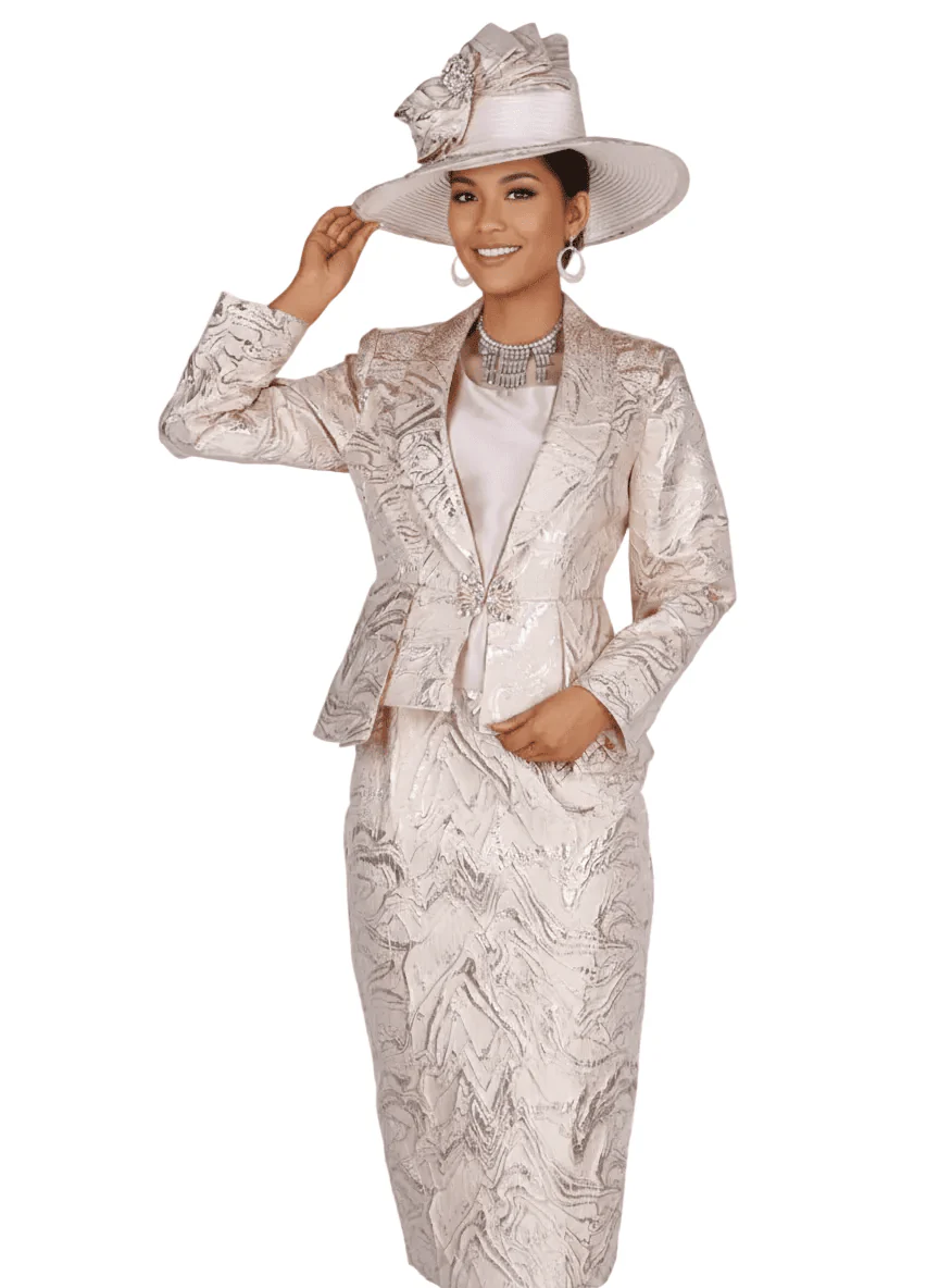 Elegant Champagne Italy 6103 Metallic Pattern Three-Piece Skirt Suit - Image 2
