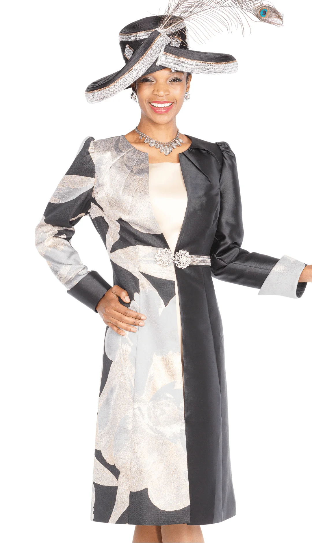 Elegant Champagne Italy 6109 Floral Duster Dress Suit Rhinestone Clasp