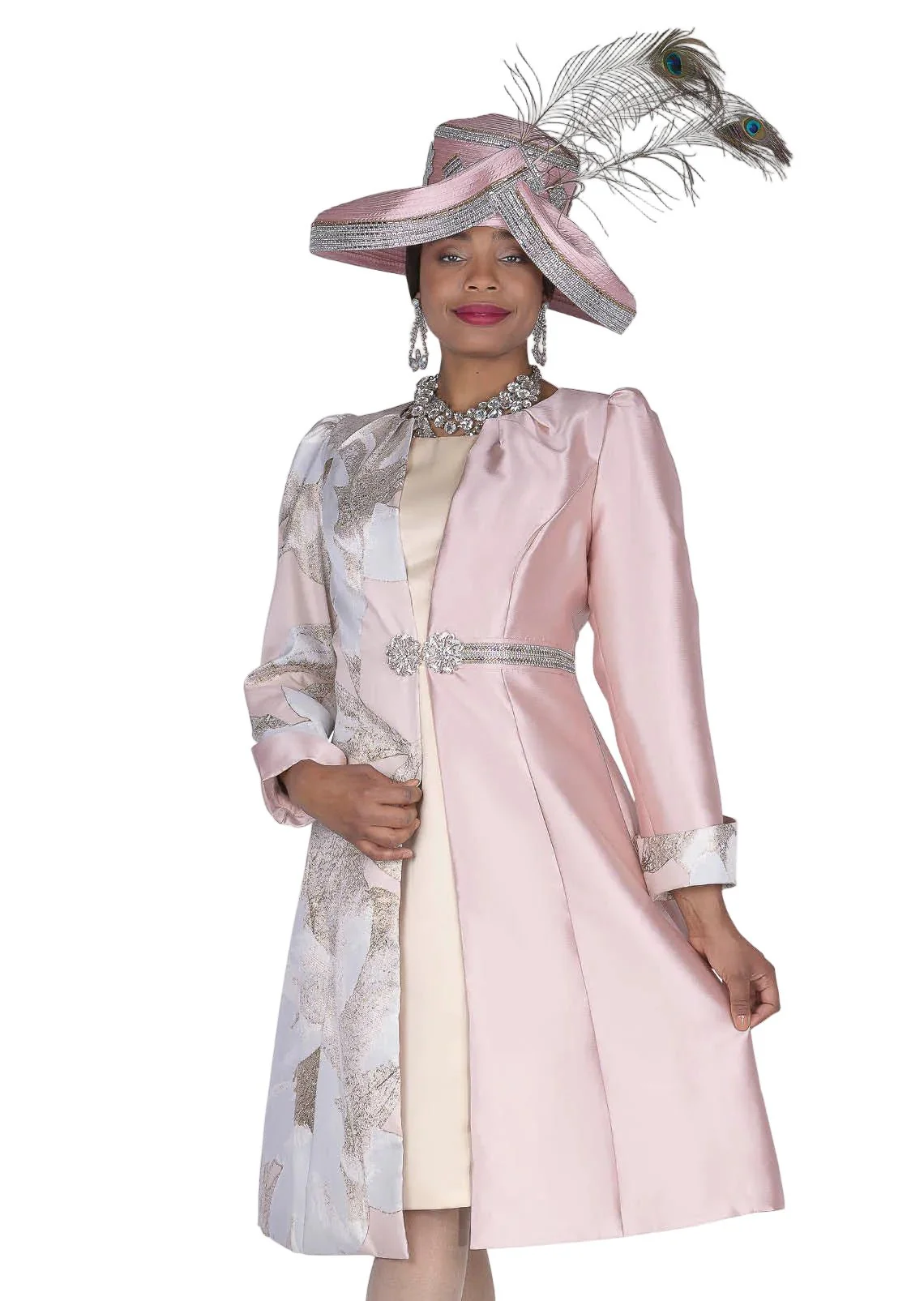Elegant Champagne Italy 6109 Floral Duster Dress Suit Rhinestone Clasp - Image 2
