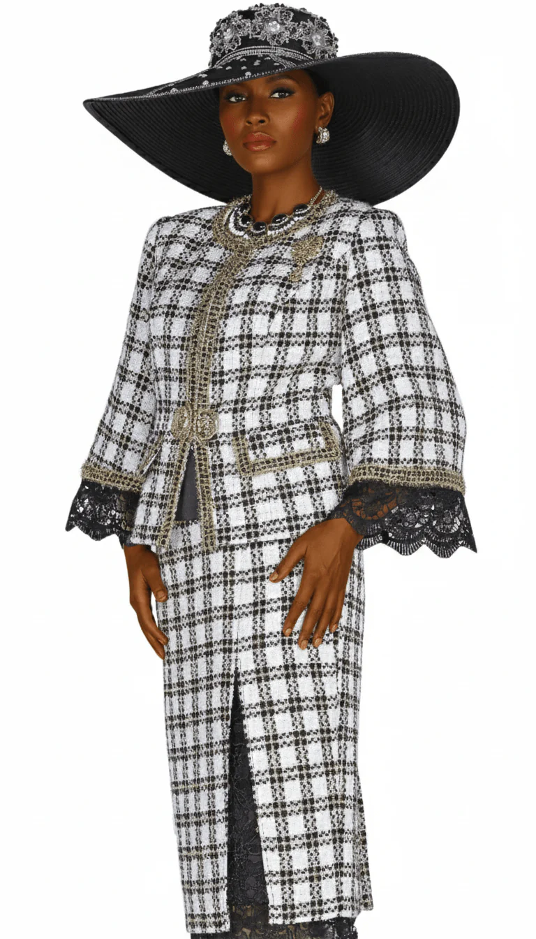 Elegant Elite Champagne 6165-OW Three-Piece Knit Plaid Skirt Suit with Cami