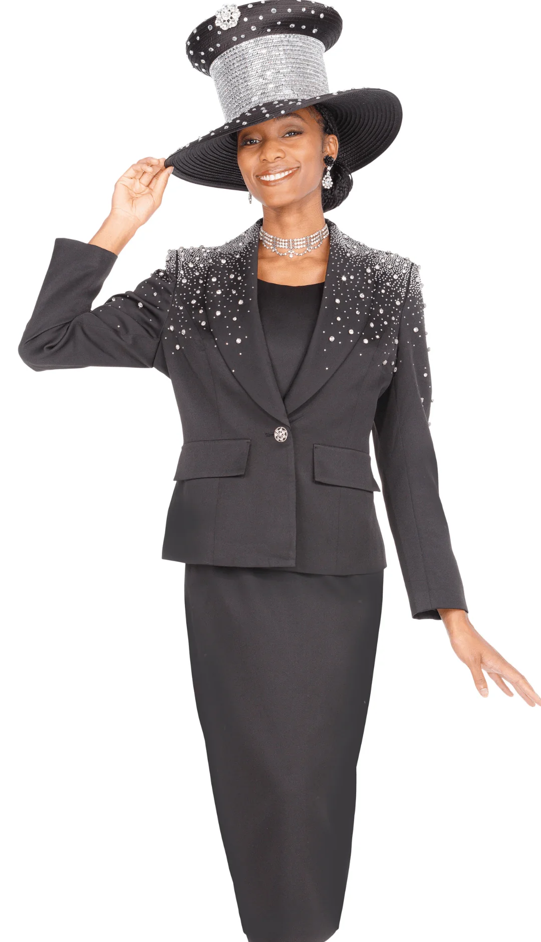 Elegant Elite Champagne Black Skirt Suit: Pearl & Sparkle Trimmed Jacket & Cami