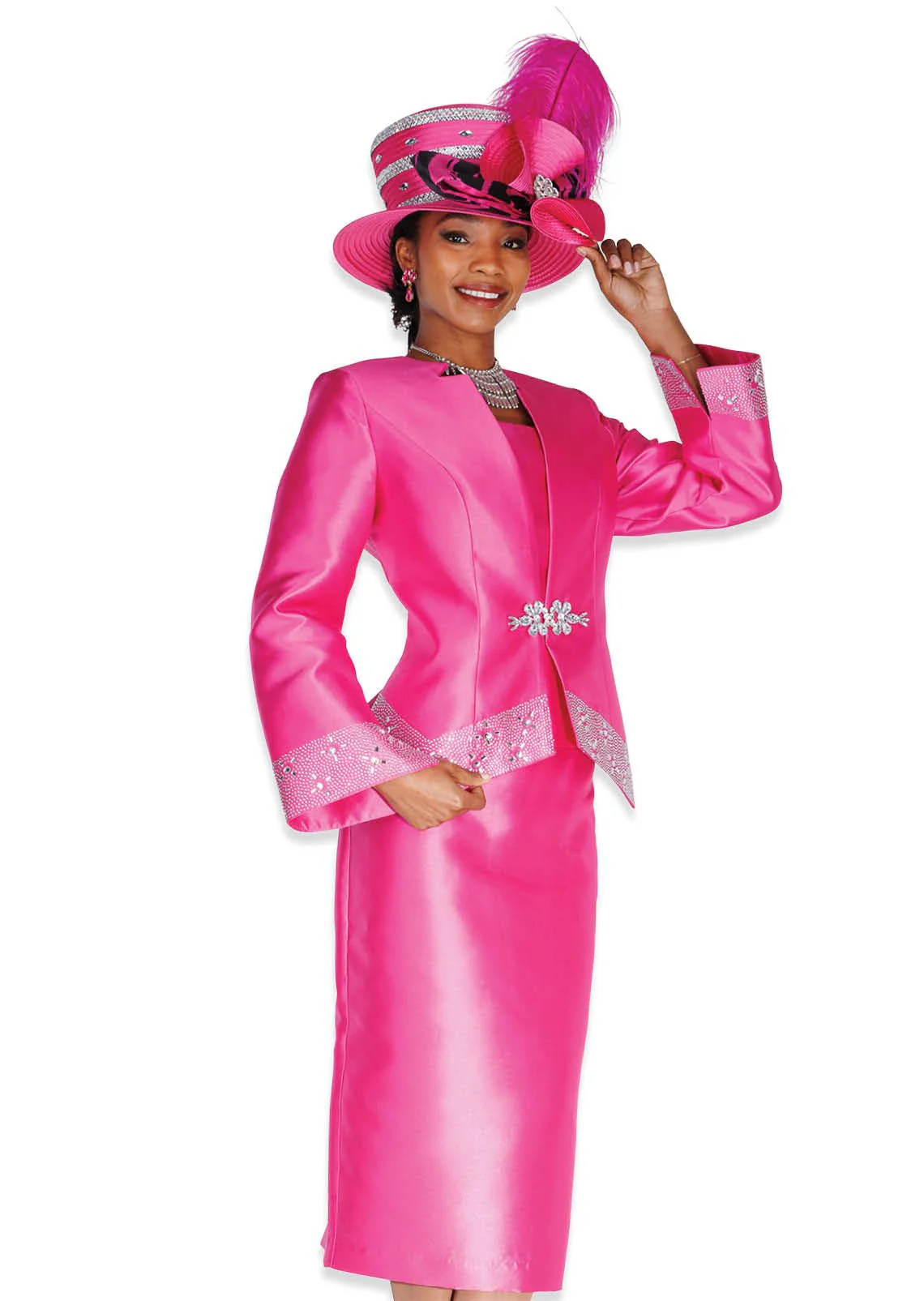 Elegant Fuchsia Three-Piece Skirt Suit with Dazzling Rhinestone Trim & Clasp