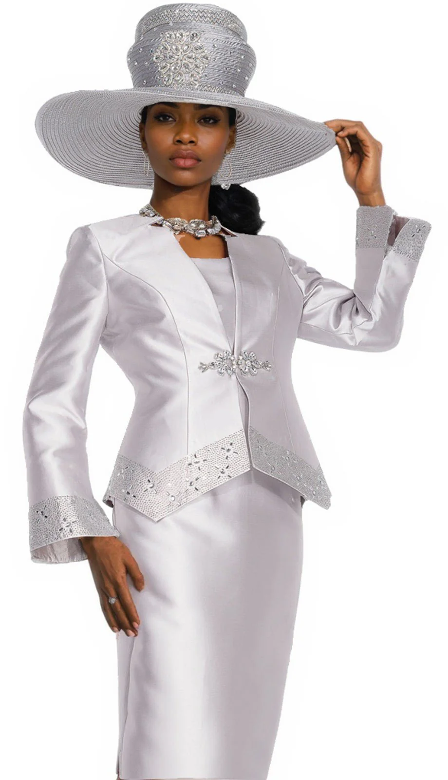 Elegant Fuchsia Three-Piece Skirt Suit with Dazzling Rhinestone Trim & Clasp - Image 2
