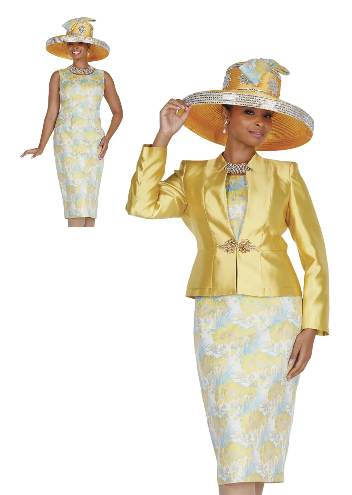Elegant Gold Brocade Dress Suit with Rhinestone Clasp Jacket for Women