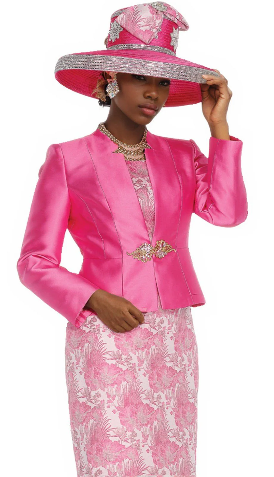 Elegant Gold Brocade Dress Suit with Rhinestone Clasp Jacket for Women - Image 2