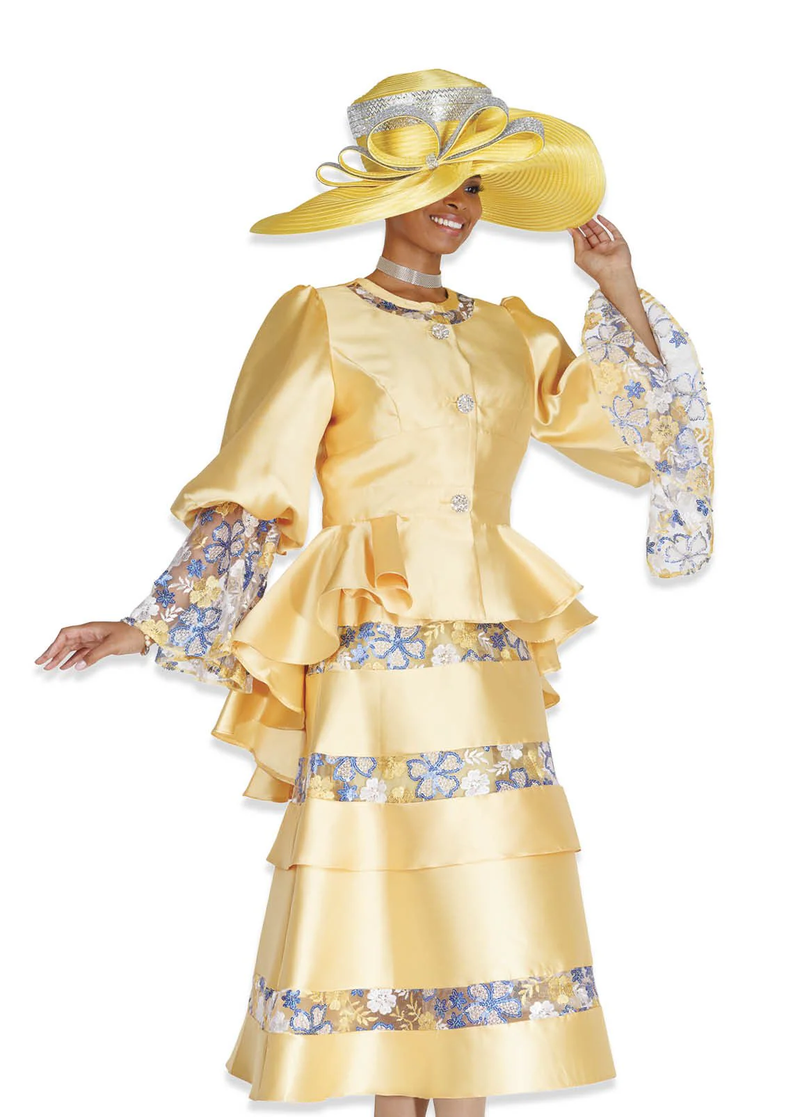 Elegant Gold Tiered Midi Skirt Suit with Floral Peplum Jacket & Rhinestones