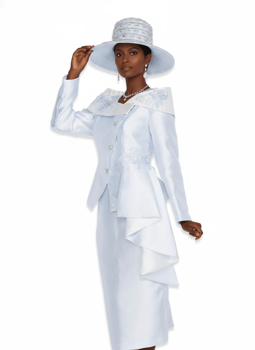 Elegant Ice Blue Peplum Suit Set with Embroidered Portrait Collar - 6003