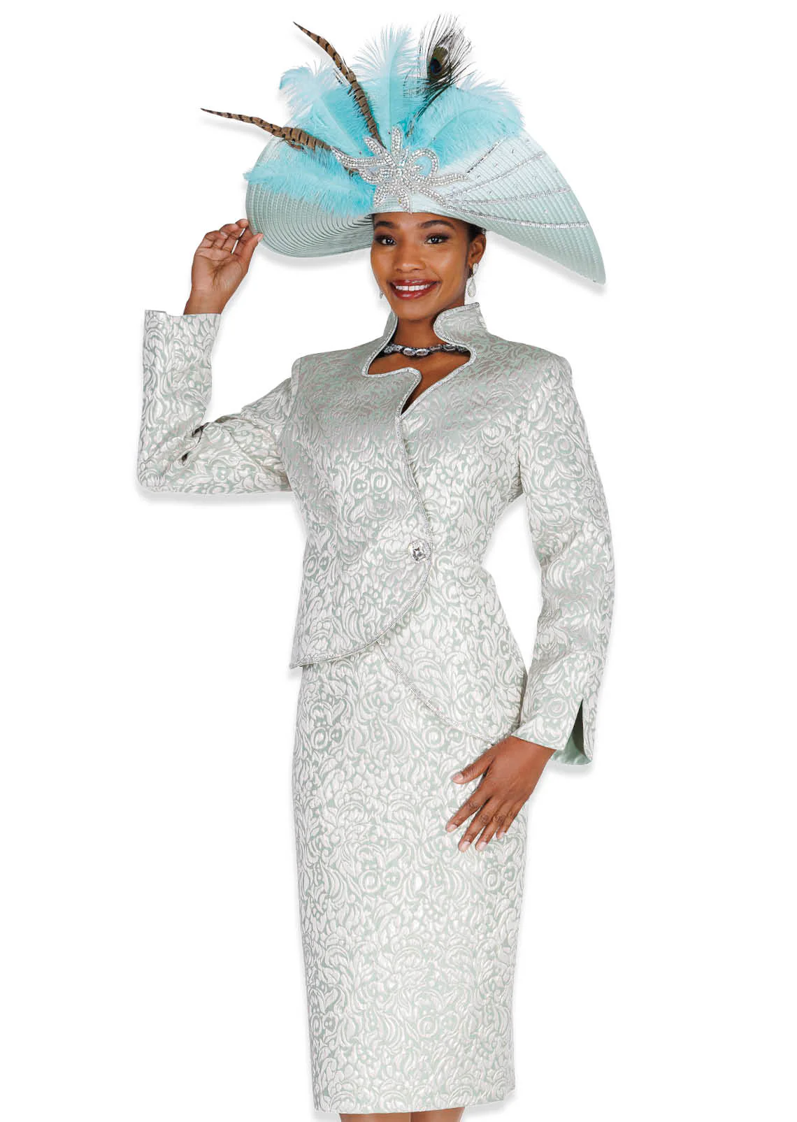 Elegant Metallic Pattern Skirt Suit with Rhinestone Button - Asymmetrical Jacket