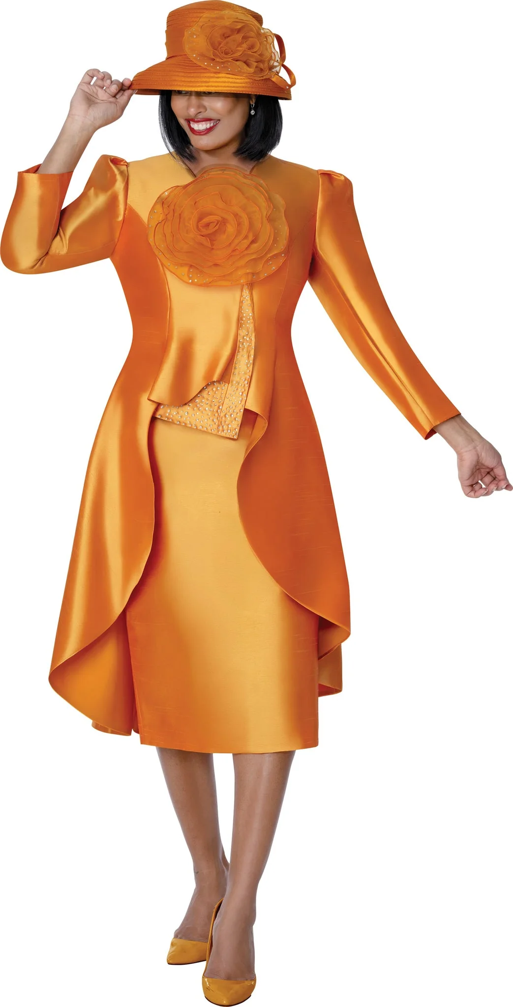 Elegant Orange Satin 2-Piece Church Suit with Rhinestone Rosette & Jacket G401712