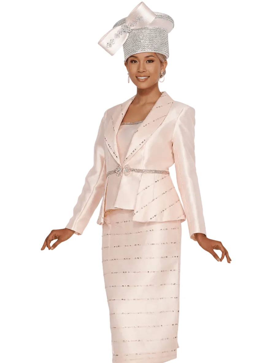 Elegant Peach Sequin Stripe Three-Piece Women's Church Suit with Peplum Jacket