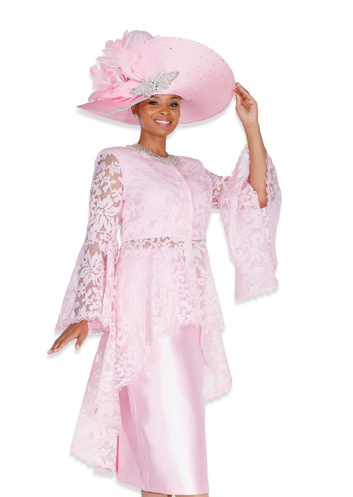 Elegant Pink Lace 2-Piece Church Suit – High-Low Peplum Tunic and Satin Skirt - 6258