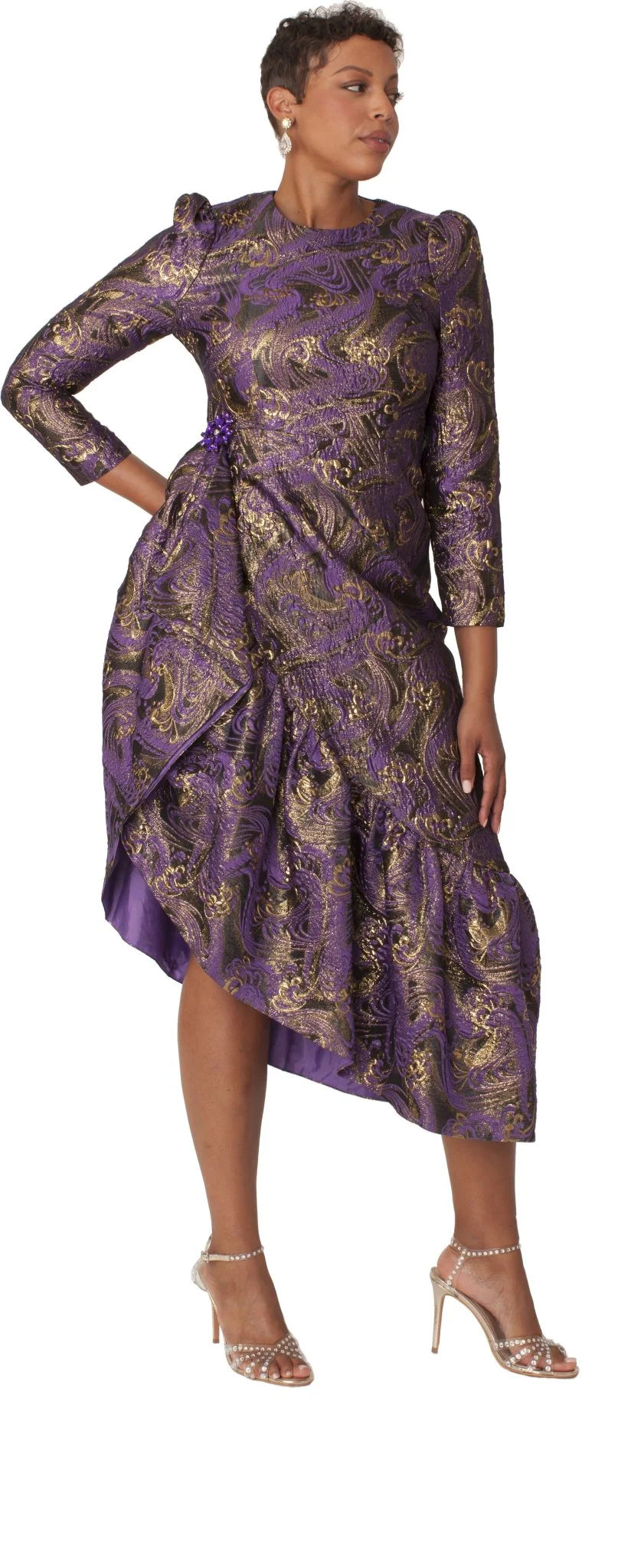 Elegant Purple and Gold High-Low Dress with Statement Details- 9764