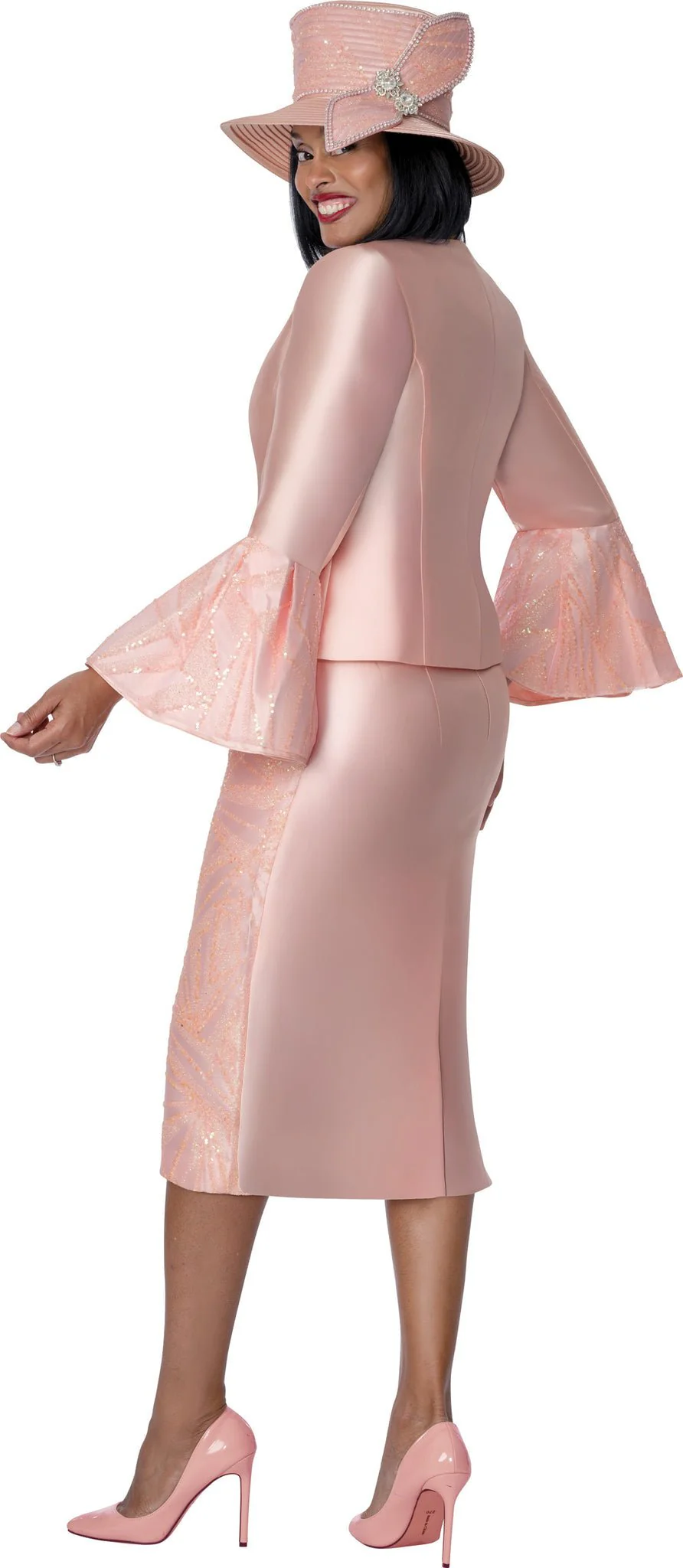 Elegant Rose Pink 3-Piece Skirt Suit with Bell Sleeves G401792 - Image 2