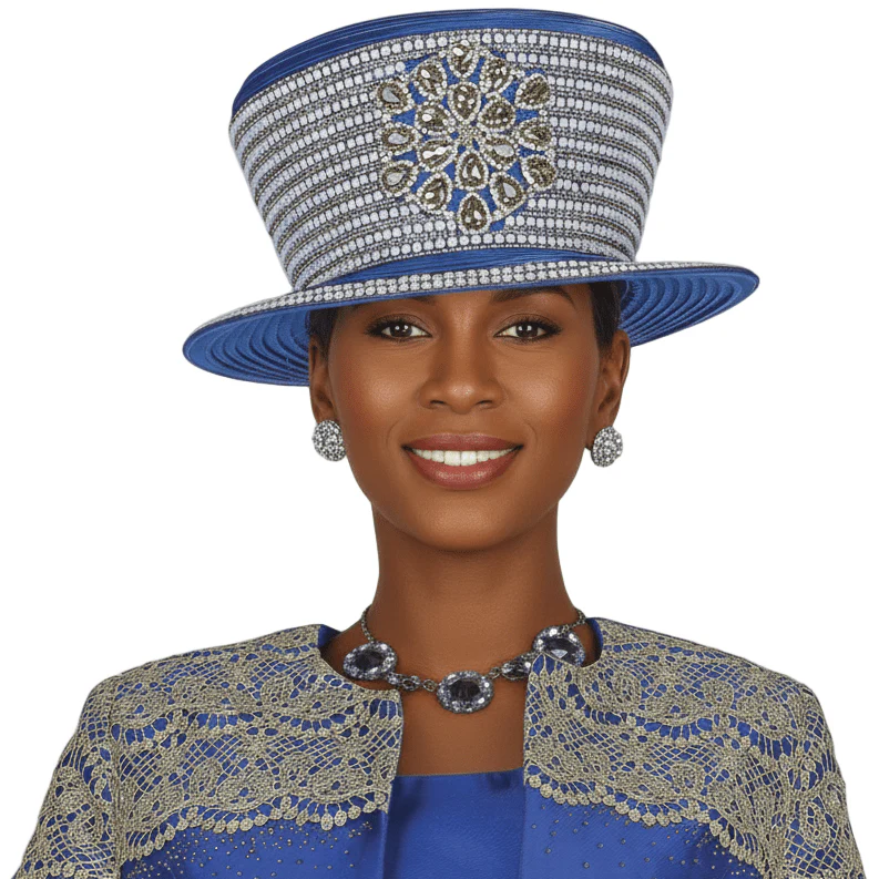 Elegant Royal Blue Church Hat with Embellished Wide Brim - Champagne Italy H6102
