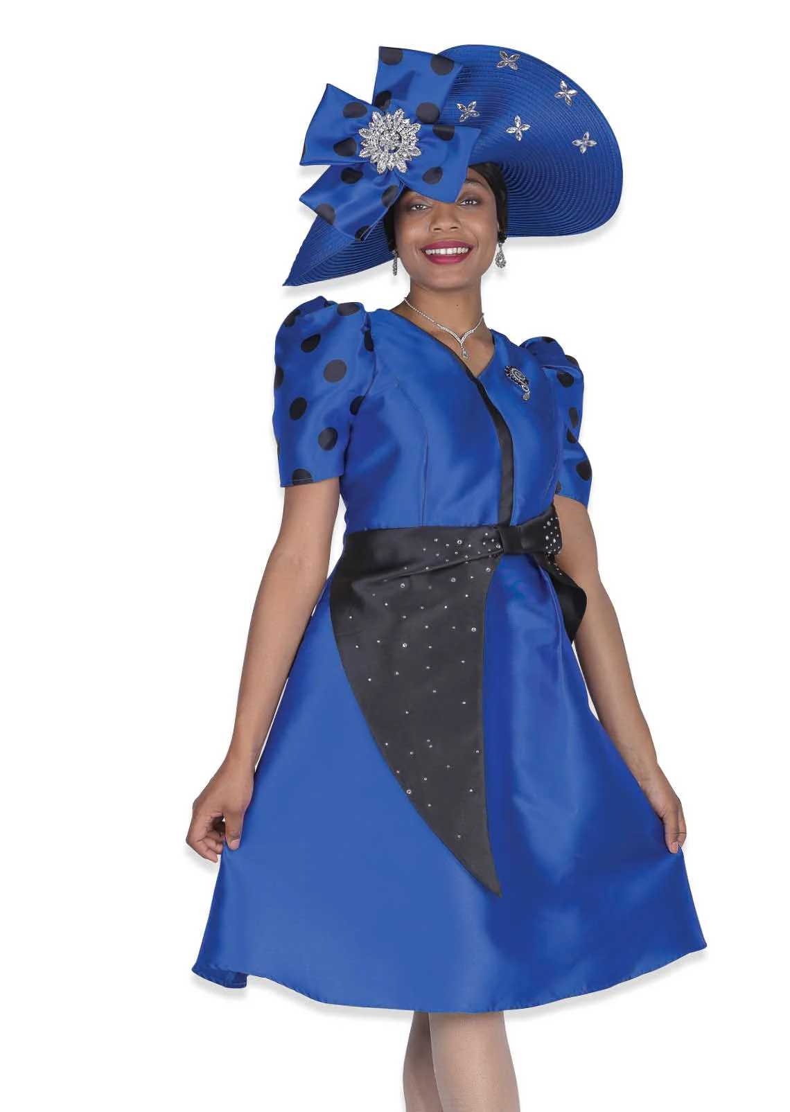 Elegant Royal Blue Polka-Dot A-Line Dress with Sparkling Rhinestone Trim