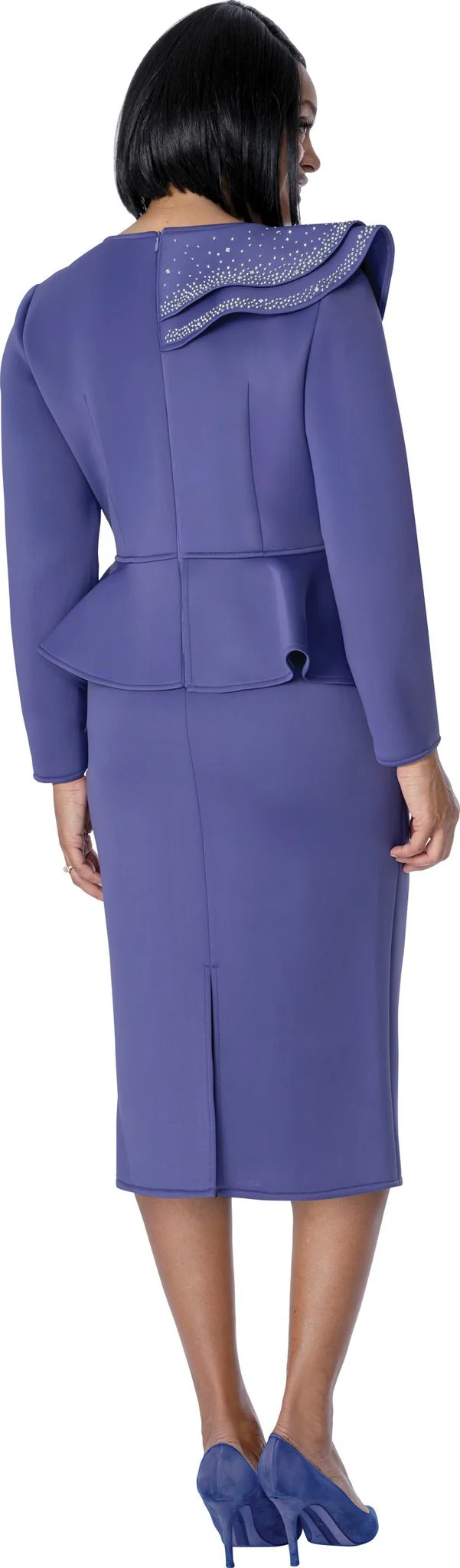 Elegant Royal Purple Peplum Skirt Suit with Rhinestone Ruffle Detail SL600461PL - Image 2