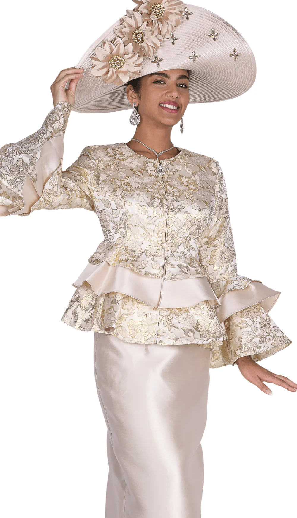 Elegant Satin Twill Skirt Suit with Brocade Peplum Jacket Tiered Ruffle Sleeves