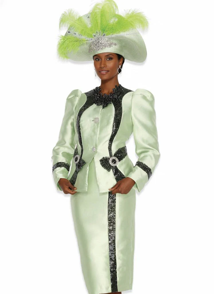 Elegant Silky Twill Skirt Suit with Sequin Trim, Bows, Rhinestone Buttons
