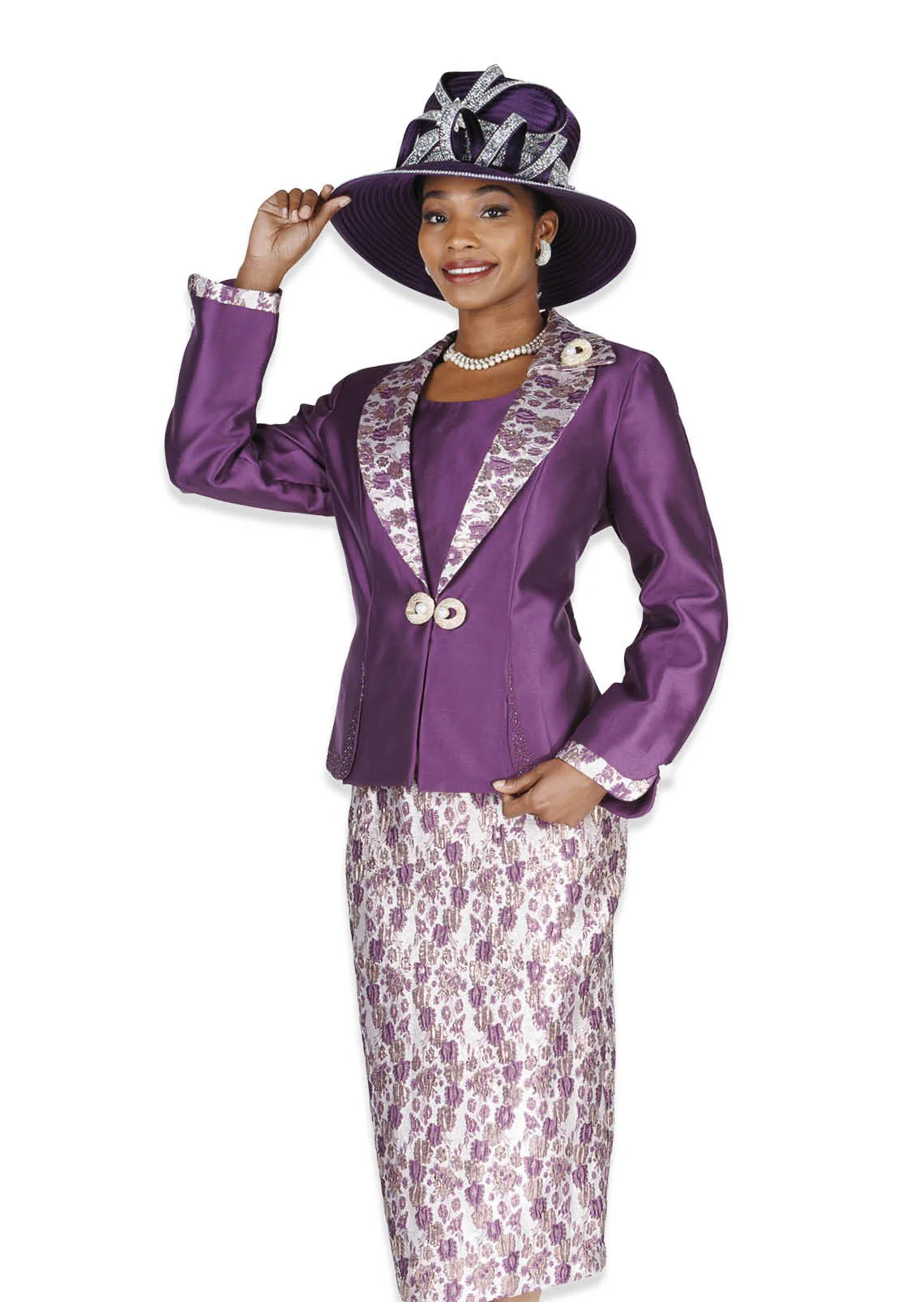 Elegant Purple Floral Brocade Women's Church Skirt Suit with Peplum Jacket