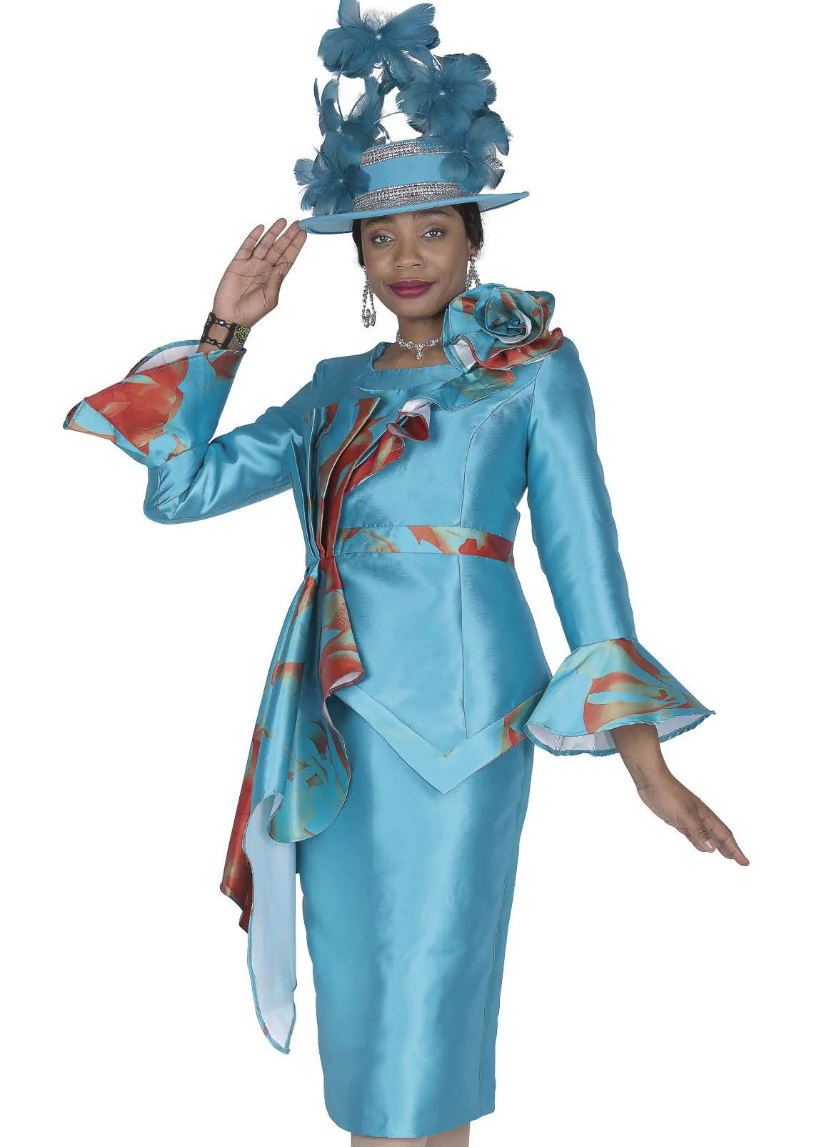 Elegant Teal Peplum Skirt Suit with Floral Trim and Brooch 6169