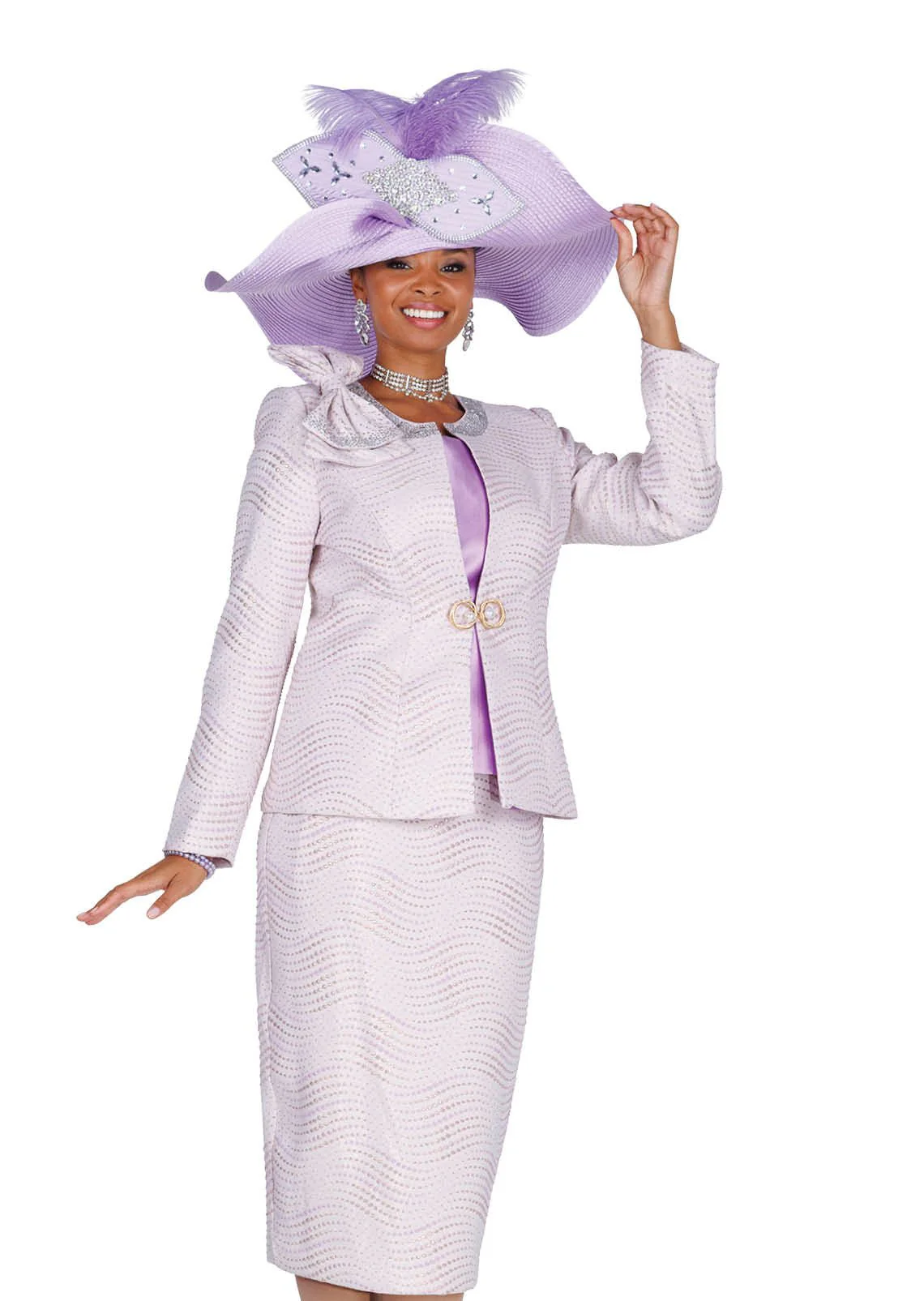 Elegant Three-Piece Metallic Skirt Suit with Cami, Bow & Rhinestone Neckline