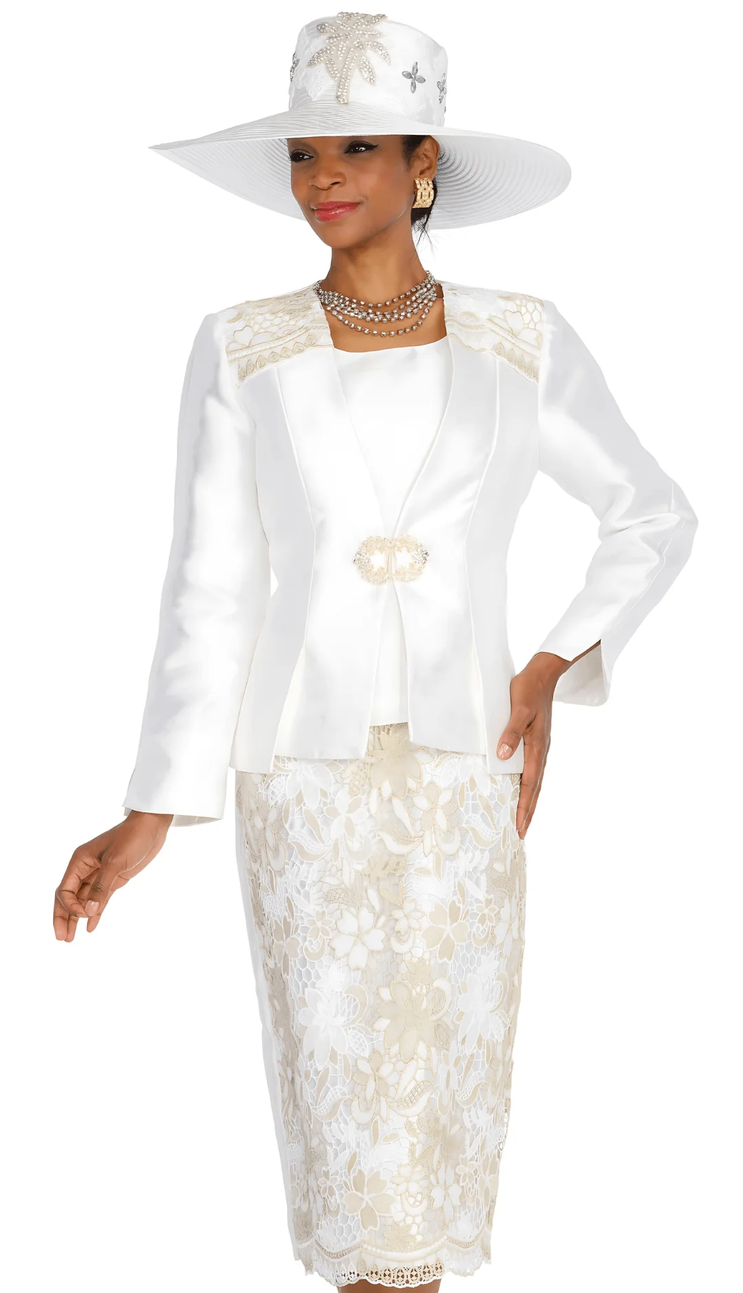 Elegant Three-Piece Off-White Church Suit with Lace Skirt & Peplum Jacket