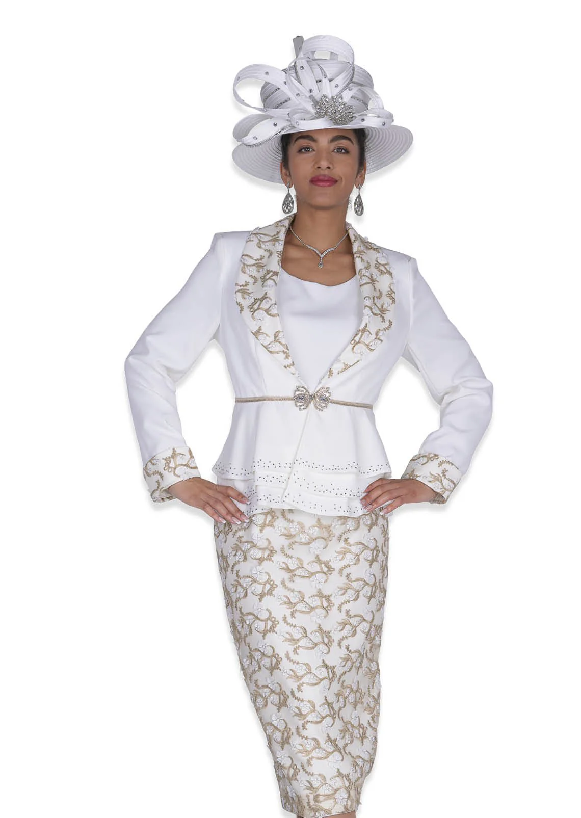 Elegant White Gold 3-Piece Peplum Skirt Suit with Sparkle Trim