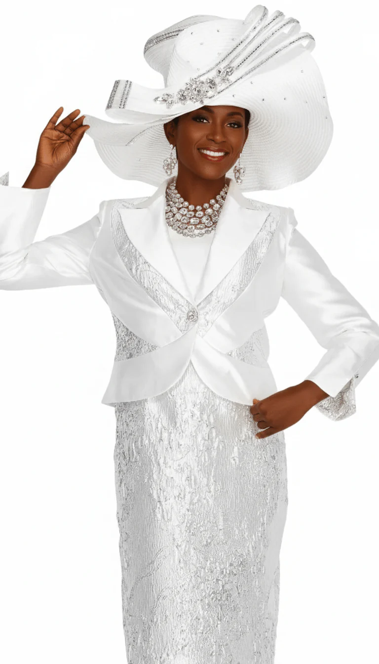 Elegant White Metallic Pattern Church Dress Suit with Rhinestone Jacket