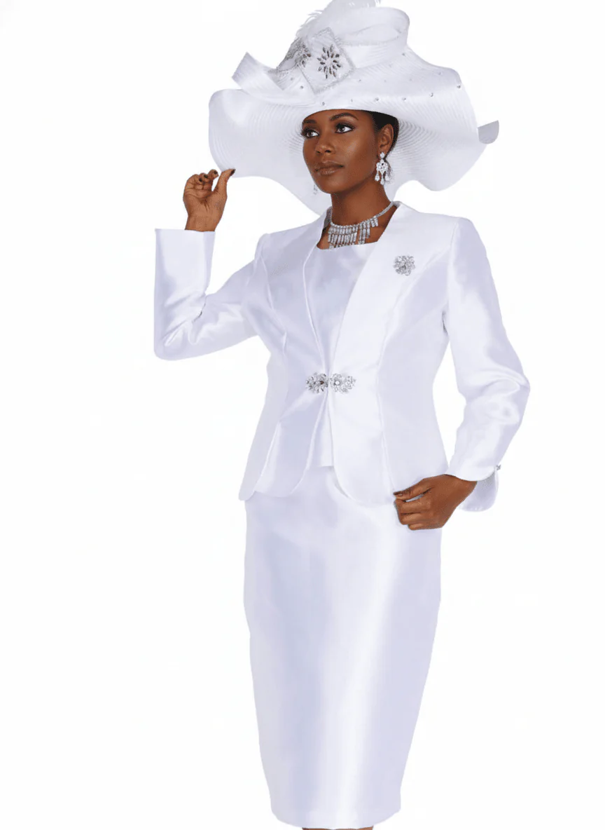 Elegant White Three-Piece Skirt Suit with Rhinestone Brooch for Women 6262