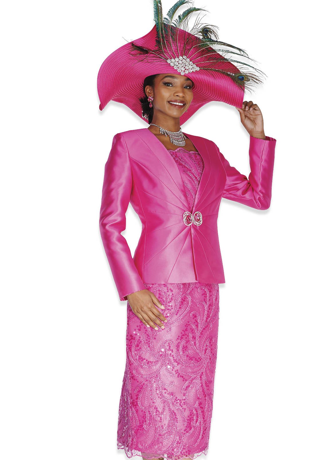Elegant Women's 3-Piece Floral Brocade Skirt Suit with Dazzling Rhinestone Clasp