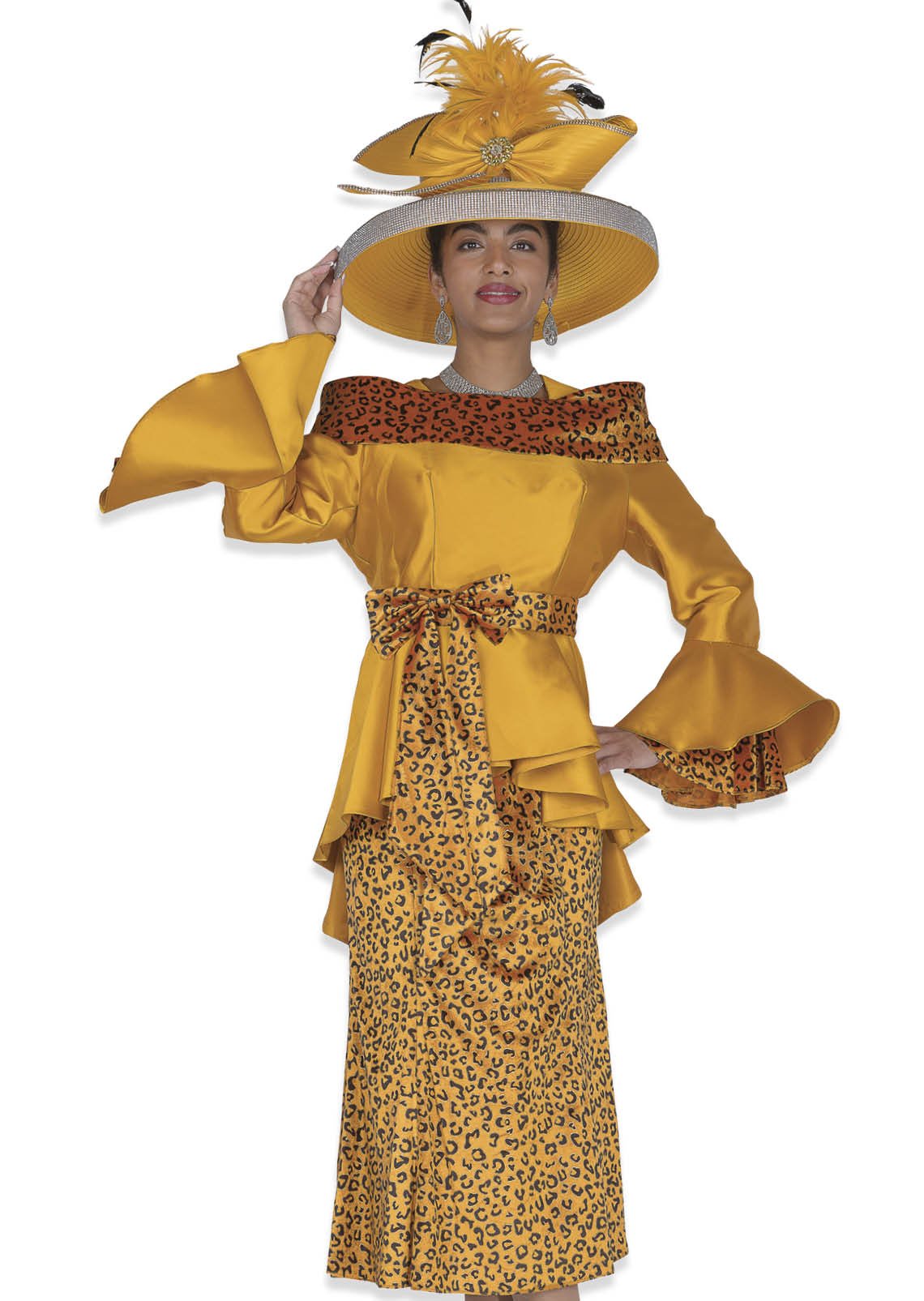 Elite Champagne 6167 Gold Animal Print Skirt Suit: Peplum, Portrait Collar, Flare Sleeves