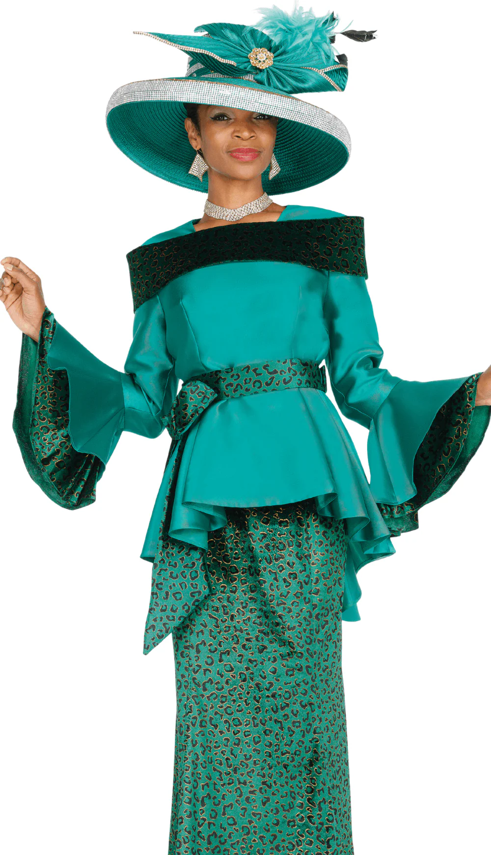 Elite Champagne 6167 Green Animal Print Skirt Suit with Peplum, Flare Sleeves and Sash Belt