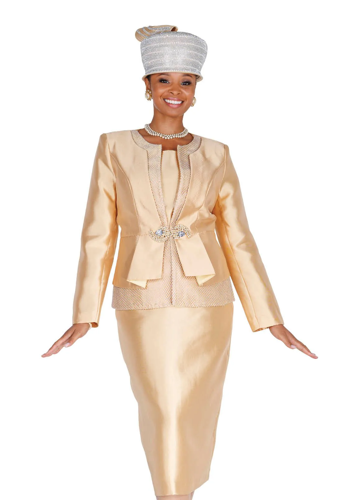 Elite Champagne 6360 Gold Three-Piece Skirt Suit with Rhinestone Trim