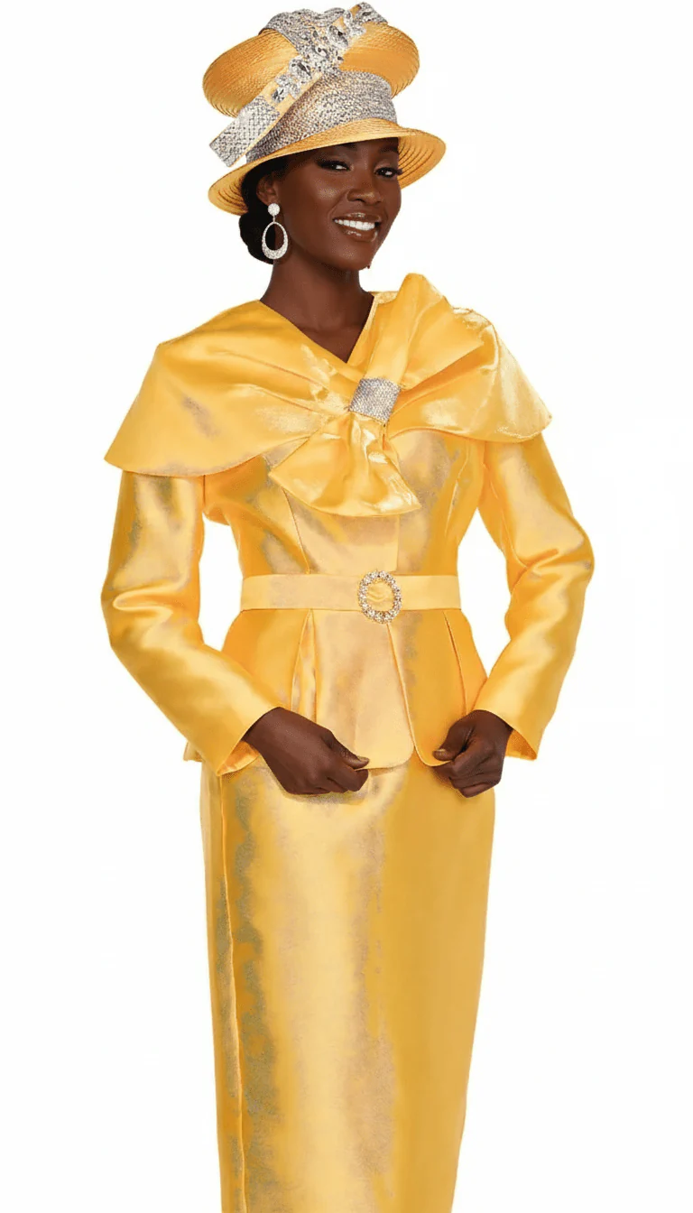 Elite Champagne Gold Skirt Suit: Elegant Wrap Collar, Bow & Rhinestone Buckle