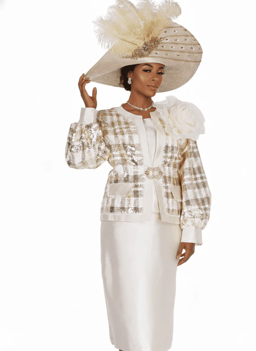 Elite Champagne Plaid Sequin Skirt Suit with Organza Flower Brooch