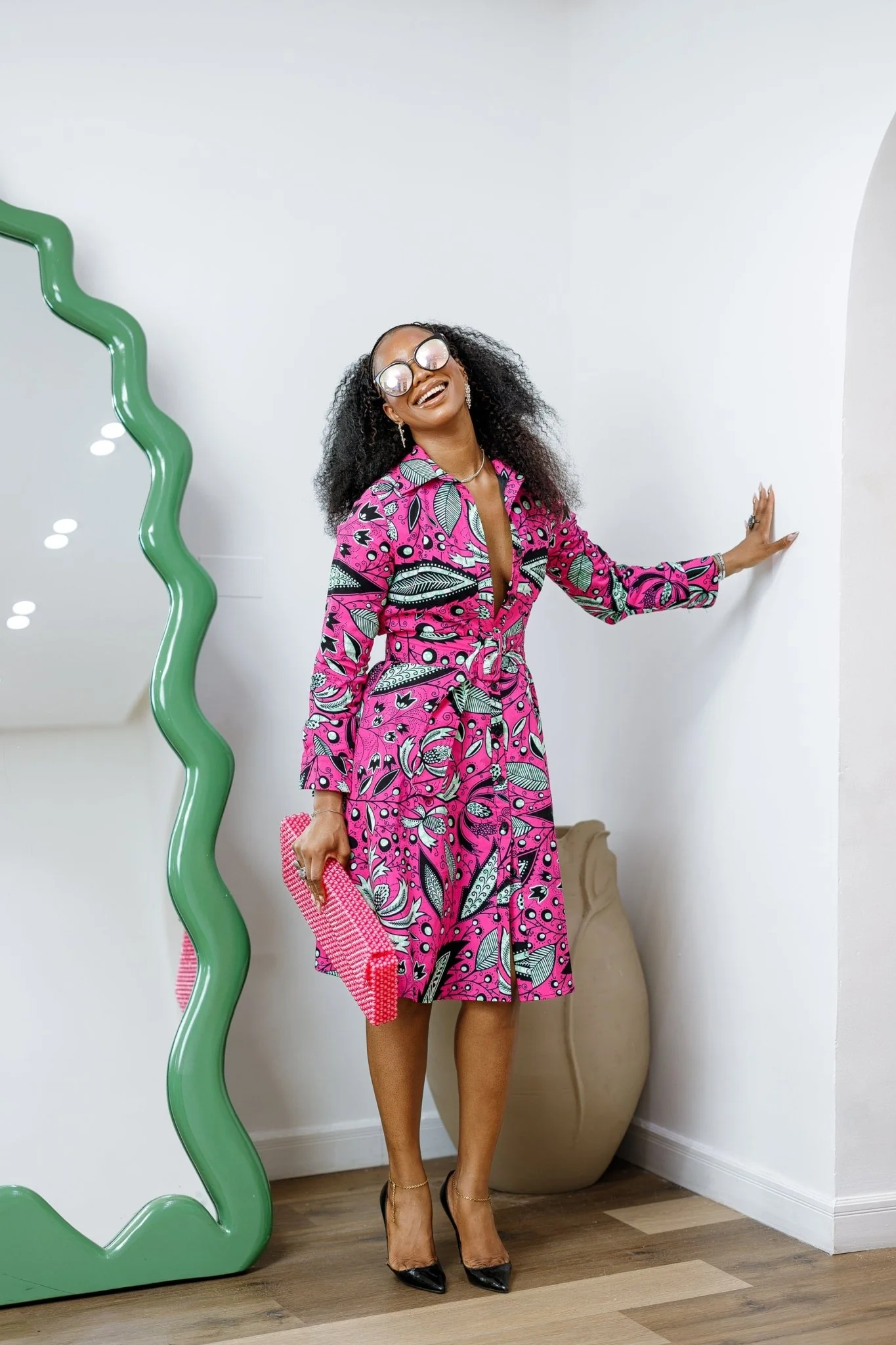 ELIZABETH AFRICAN PRINT BUTTON DOWN DRESS [PINK] - Image 3