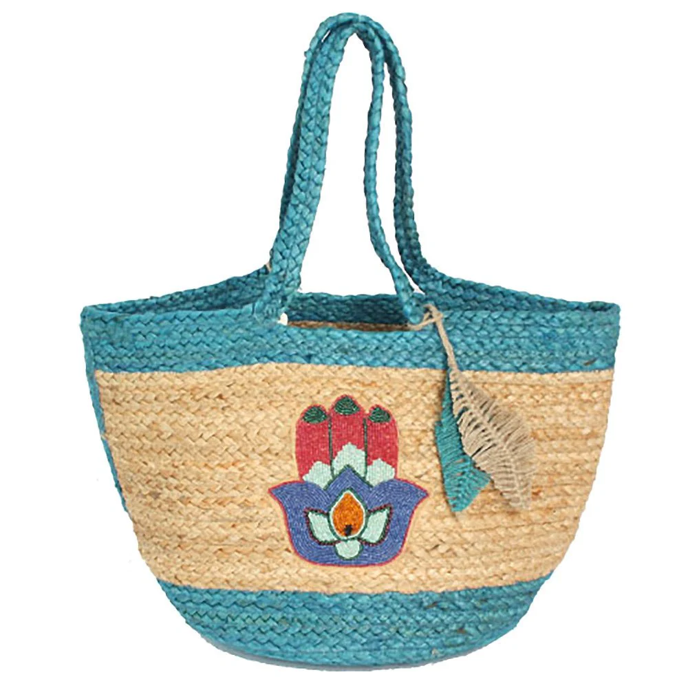 Embroidered Hamsa Hand Motif Accent Leaf Bag Charm Straw Woven Shoulder Tote Bag