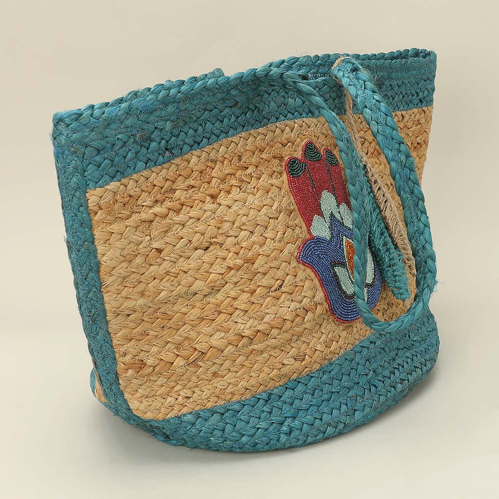Embroidered Hamsa Hand Motif Accent Leaf Bag Charm Straw Woven Shoulder Tote Bag - Image 2