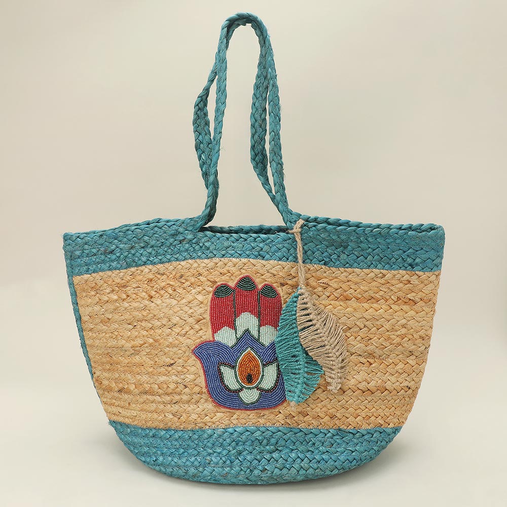 Embroidered Hamsa Hand Motif Accent Leaf Bag Charm Straw Woven Shoulder Tote Bag - Image 3