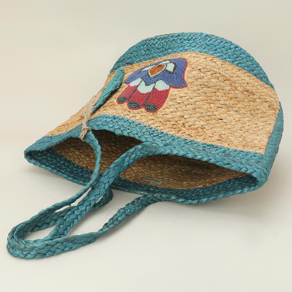 Embroidered Hamsa Hand Motif Accent Leaf Bag Charm Straw Woven Shoulder Tote Bag - Image 4