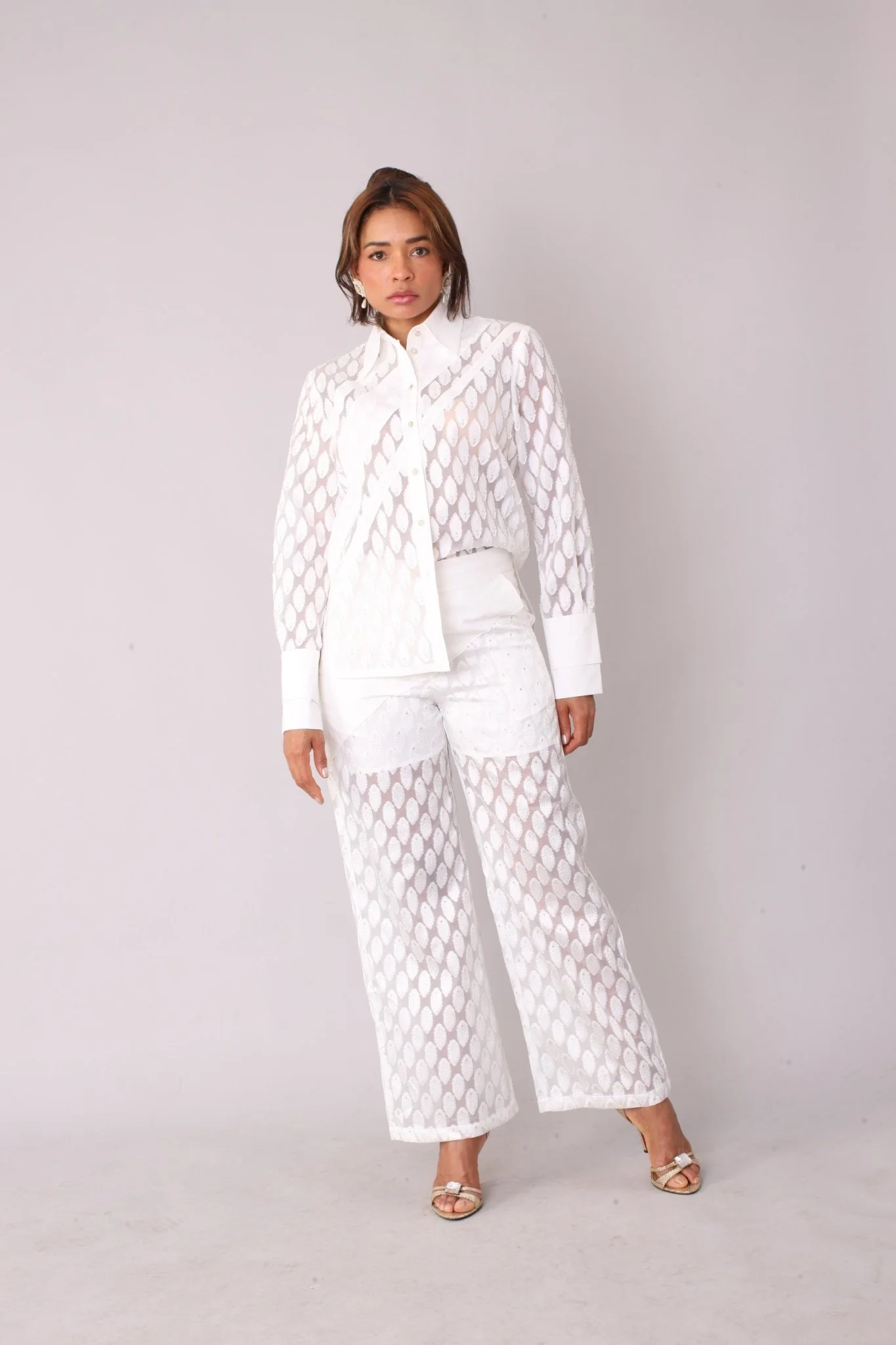 Eyelet Tulle Top 82338 – Feather Pattern Sheer Blouse
