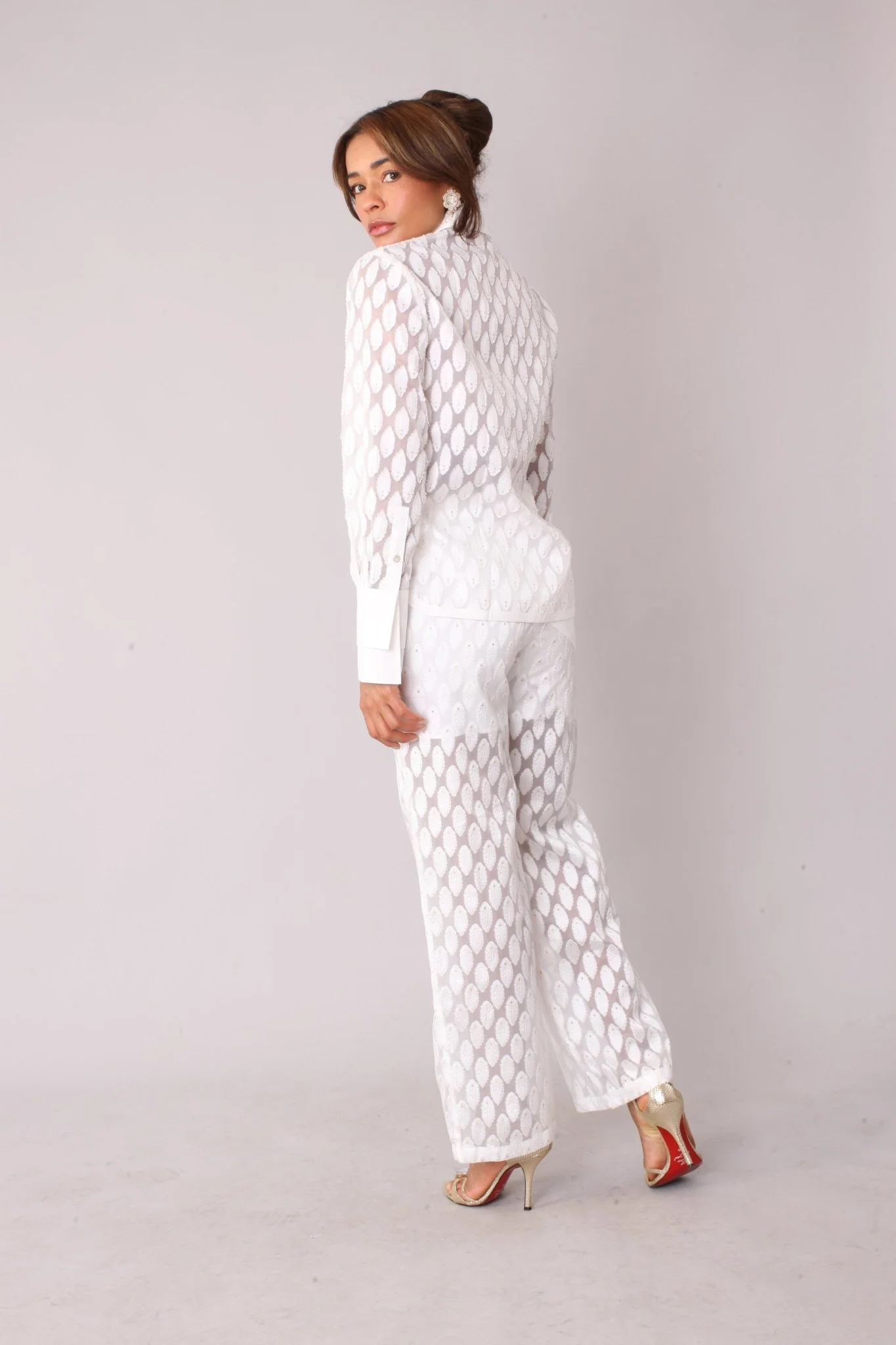 Eyelet Tulle Top 82338 – Feather Pattern Sheer Blouse - Image 2