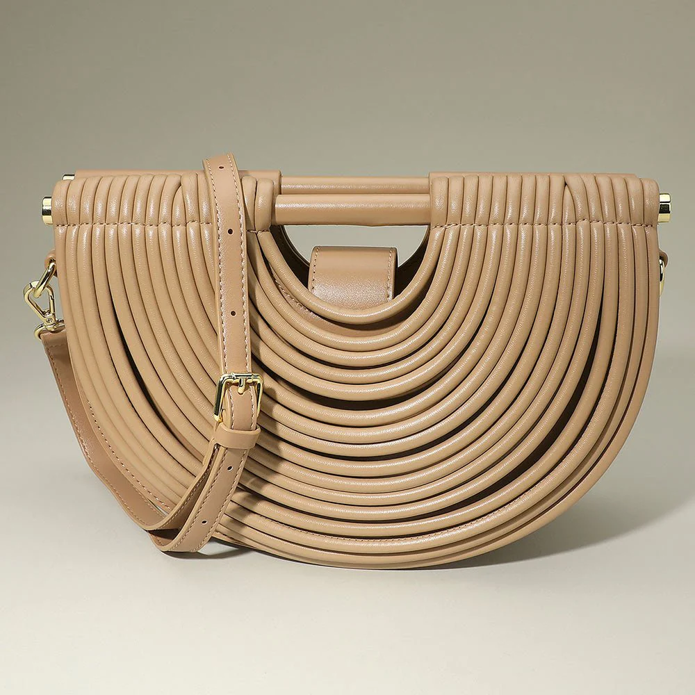 Faux Leather Unique Half Moon Structured Handbag Crossbody Bag - Image 2